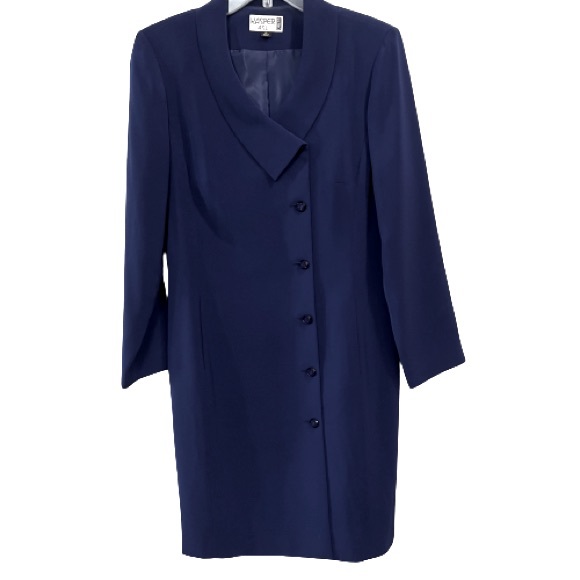 Kasper Coat Style Navy Dress V Neck Button Down Front Criss-Cross Collar Pockets - Picture 8 of 8